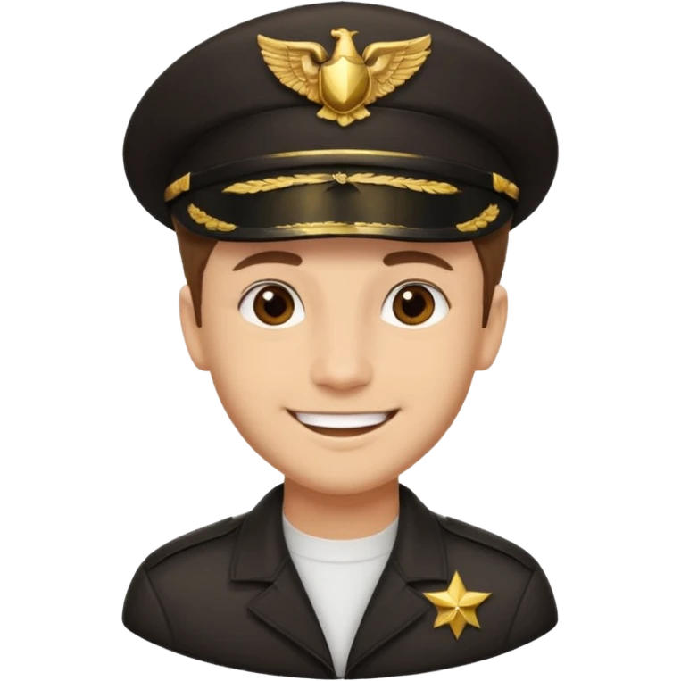 A light-skinned man with short brown hair, brown eyes, and a cheerful smile, wearing a dark pilot cap with a gold emblem. emoji