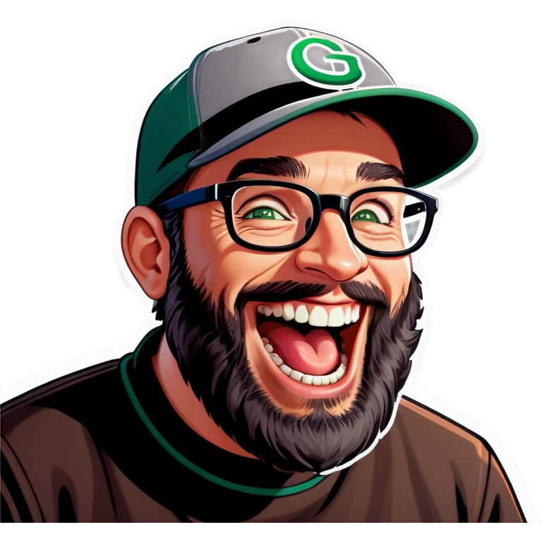 A man with a grey baseball cap, green eyes, big dark brown beard and glasses, laughing out loud  emoji