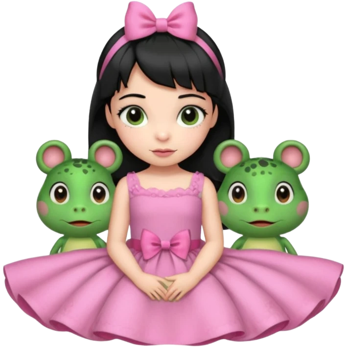 princess frog on bed pink bow with a pink dress cute girly pop black hair short baby bangs emoji