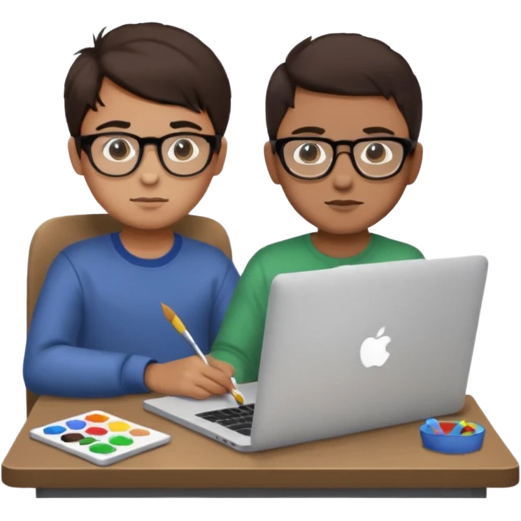 boy working in Macbook, he is graphic designer and paint artist, he seats facing me, and hair dark brown color emoji