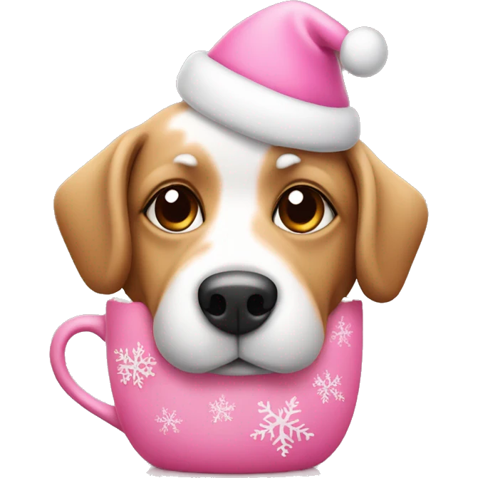 pink christmas dog with hot chocolate emoji