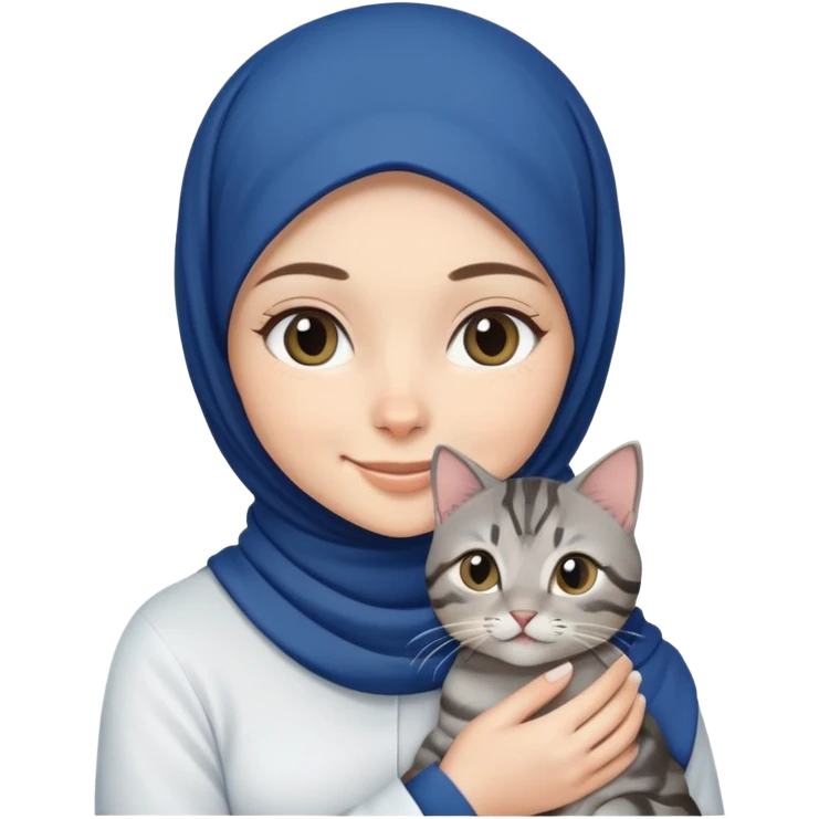 White girl wearing dark blue hijab with white shirt smiling while holding a black grey tabby cat emoji