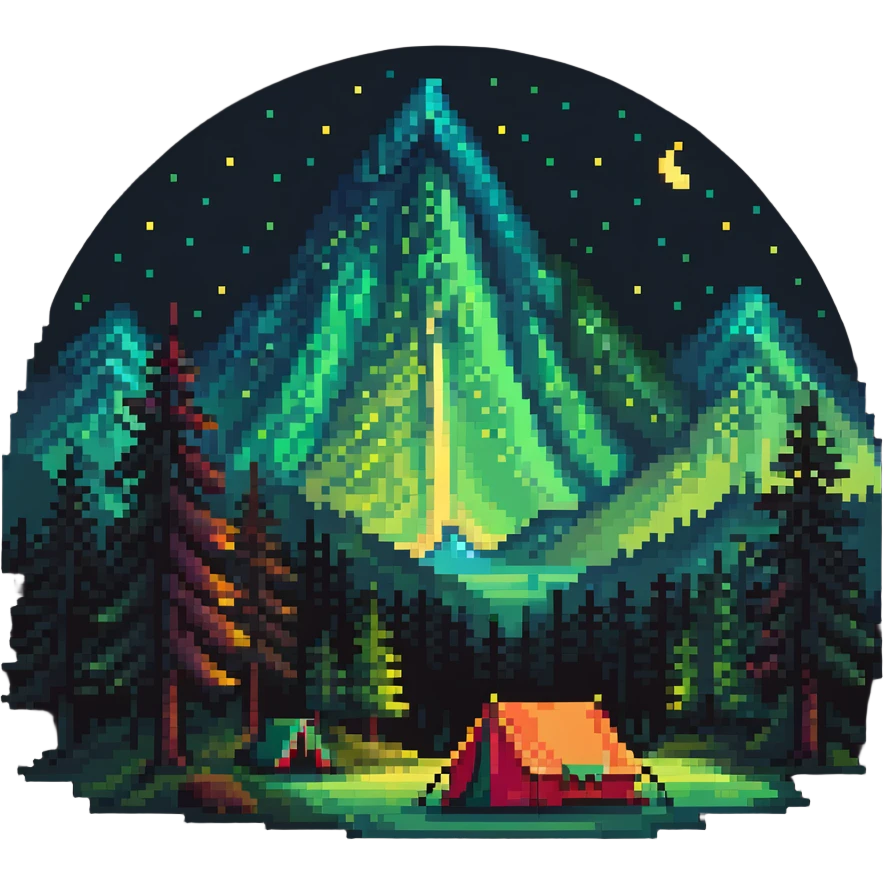 aurora borealis night sky over forest with tent emoji