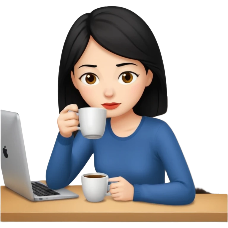 컴퓨터하면서 커피를 많이 마시고 있는 피곤해보이는 검은머리 여자 emoji