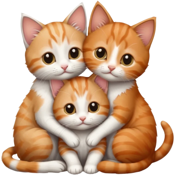 3 very small kittens cuddling together all different colours, the first one is grey and white, the second is ginger and white and the third is brown tabby and white emoji