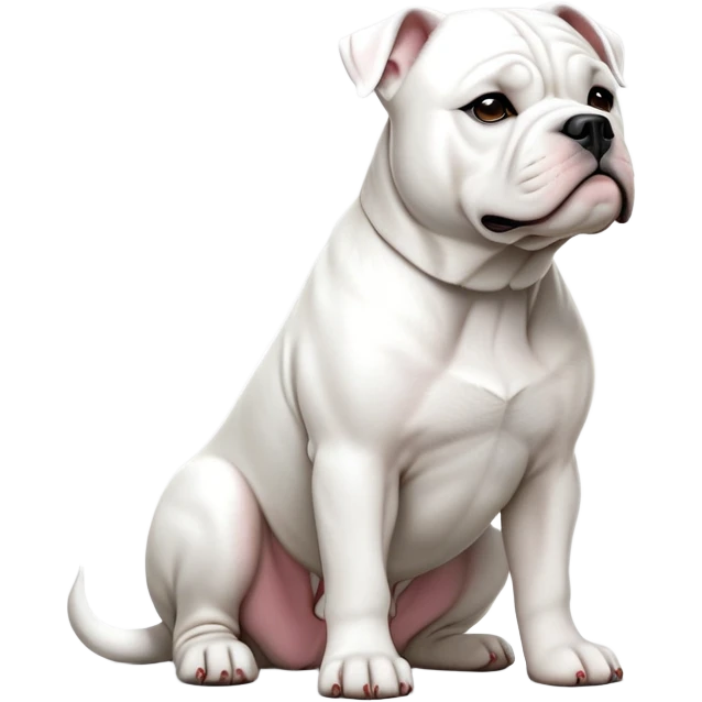 cinematic-[solid white american bulldog]-realistic-full-body-sitting-emoji,-tail-resting-loosely-beside-its-paws,-head-tilted-dramatically,-sleek-[solid white]-fur,-simplified-yet-realistic-focused-features,-highly-detailed,-glowing-with-an-almost-sarcastic-glow emoji