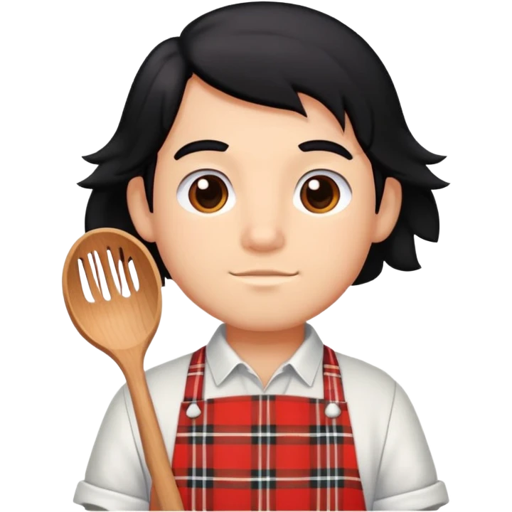 big boy with black hair all up, wearing a white and red plaid apron emoji