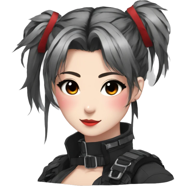 Gorgeous techwear anime style lady with blushing face aesthetic and pretty edgy black red punk messy ponytail with collar and harness trending style emoji