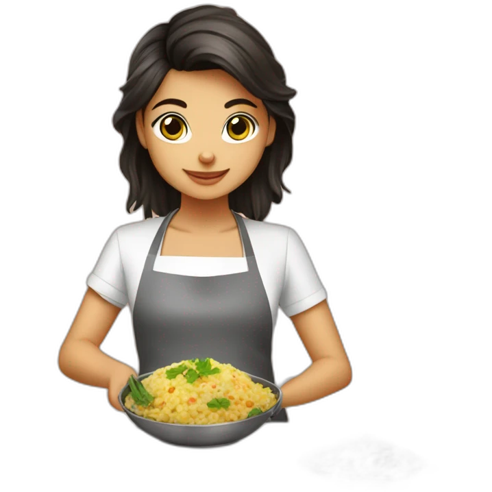 petite girl dark hair cooking risotto with norwich terrier emoji