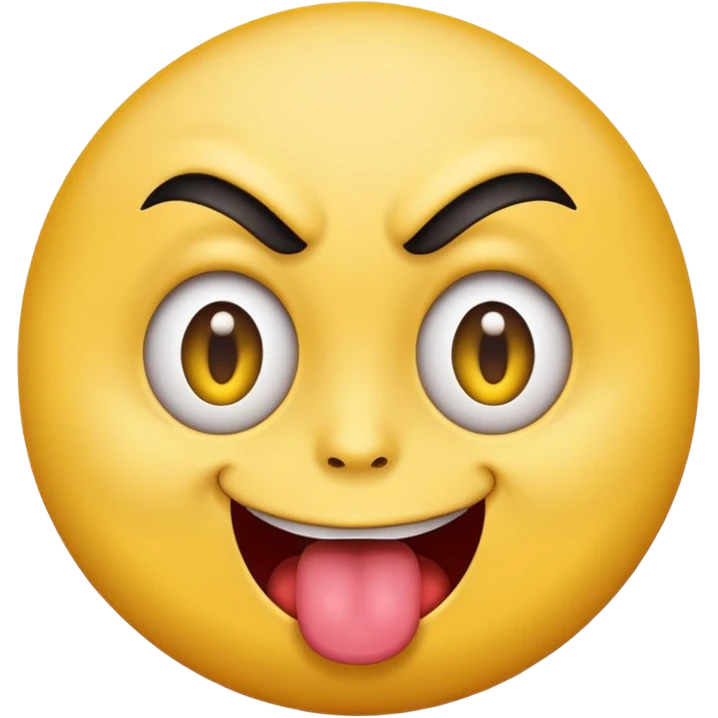 A yellow round face emoji smirking with its tounge out but the eyes are evil and kind of crazy and only one eyebrow is raised higher than the other emoji