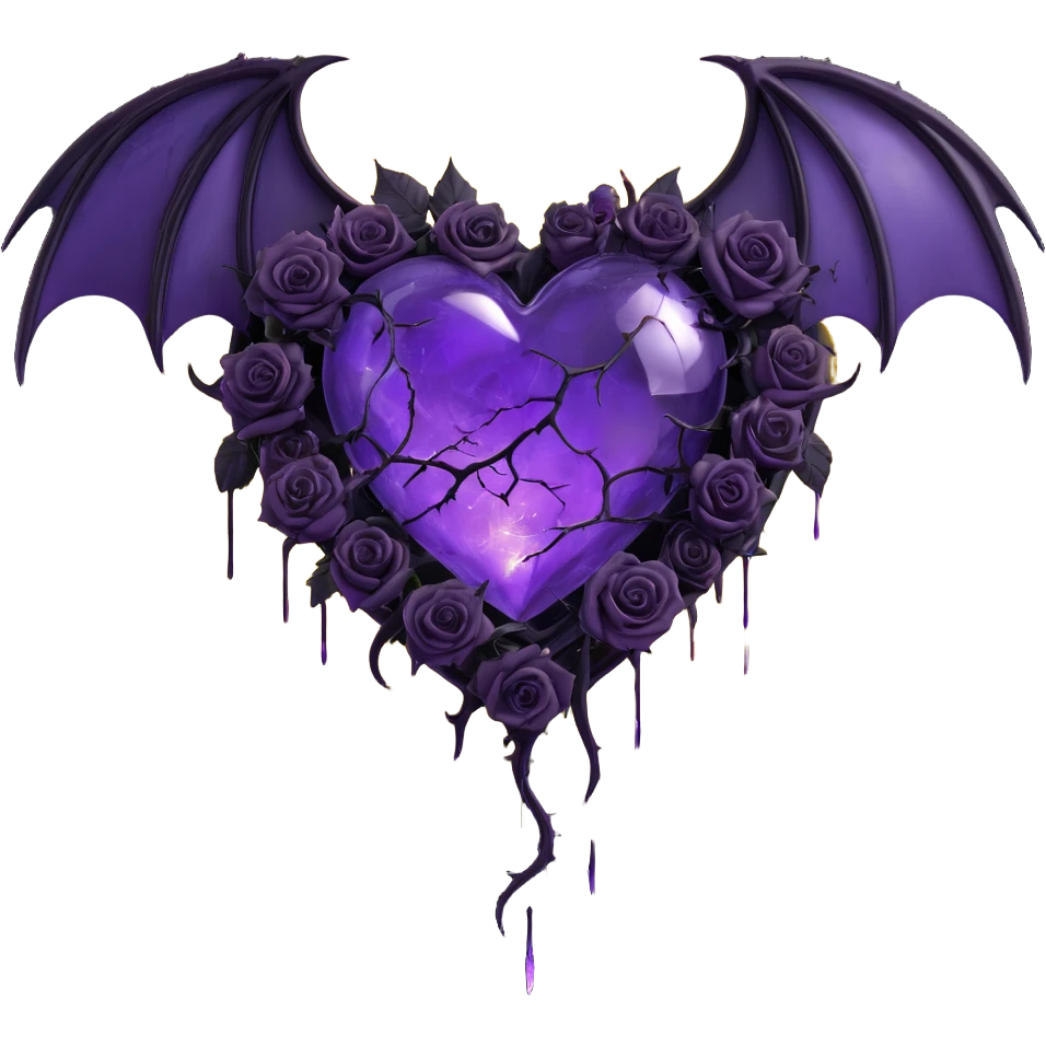 gothic heart made of purple glass with crescent moon with bat wings, black roses entwined with thorns, glowing lightning, pouring rain, shattered cracked glass texture emoji