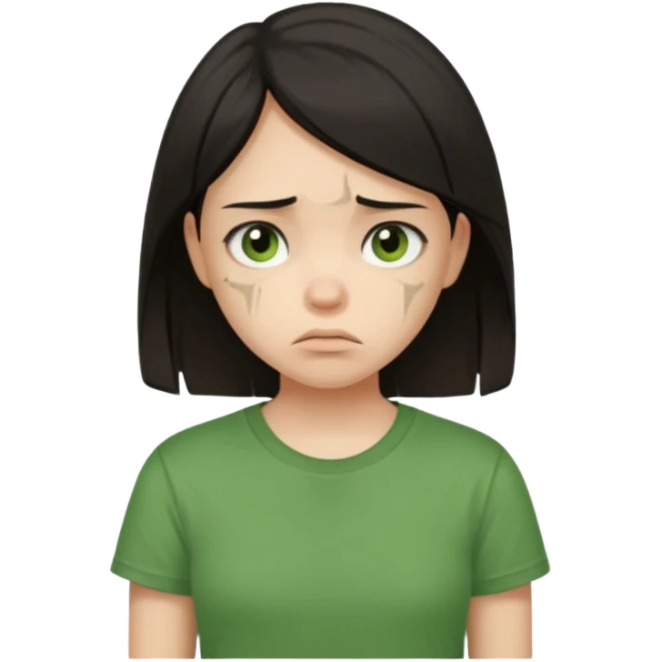 Young girl with straight, dark hair, damaged and unattractive, wearing a green T-shirt, looking sad emoji