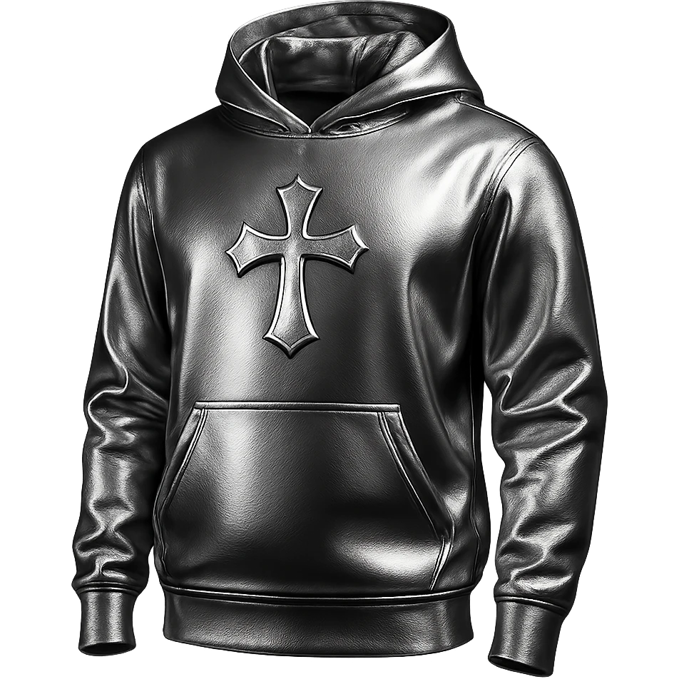 hoodie with a chrome cross emblem on the chest, 3D metallic look, simple background emoji