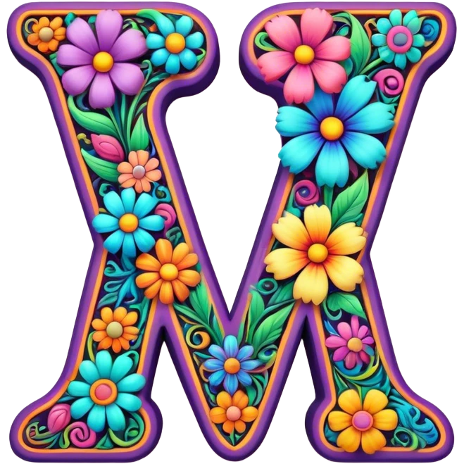 3D, gothic style psychedelic colored Letter V with hippie style flower border emoji