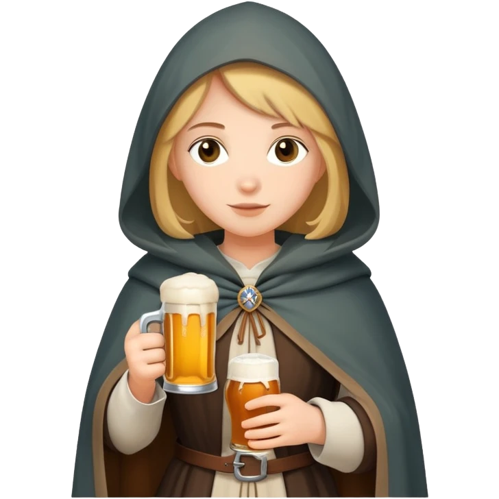 young female medieval pilgrim with cloak and beer bottle emoji