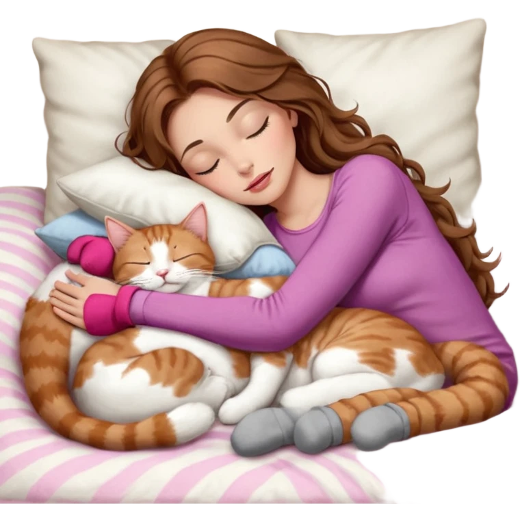 girl with long wavy brown hair, brown eyes, long lashes makeup, sexy pink lips, light to medium complexion,  sleeping on a cozy pillow, with 6 cats: 1 brown and white tabby cat, 1 ginger and white, 2 grey and white, 1 grey with white mittens and small white patch on chest and 1 calico, sleeping emoji