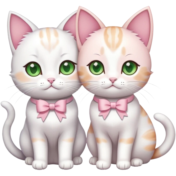 Two cute anime cats, the first cat is white with green eyes, the second is light pink with brown eyes and a bow on his head, high quality, a masterpiece emoji