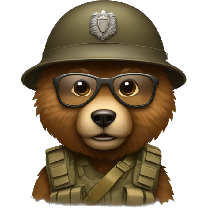 A brown furry bear as a soldier with a helmet and glasses emoji