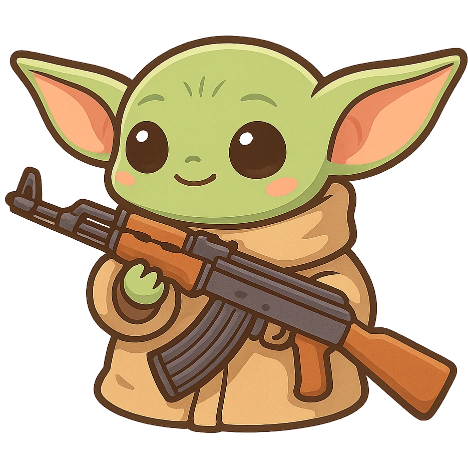 Baby Yoda holding an AK-47, cartoon style, cute and playful emoji