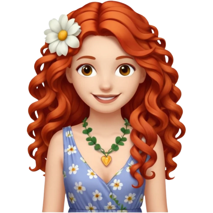 smiling white girl with long curly red hair, maxi dress, flower necklace emoji