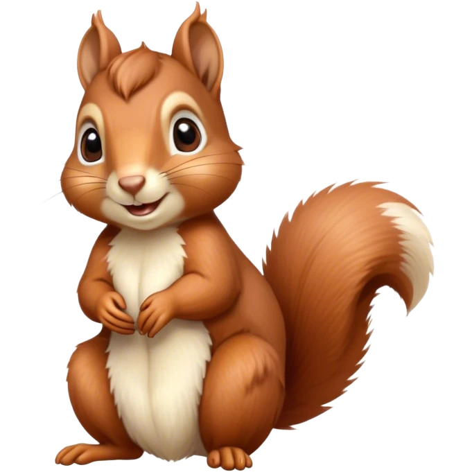 Cinematic Cute Squirrel Portrait Emoji, Head tilted playfully and inquisitively, featuring a fluffy, vibrant auburn Fur with a delicate cream belly and a bushy tail, round, sparkling eyes filled with curious mischief, Simplified yet irresistibly adorable features, highly detailed, glowing with a warm, friendly glow, high shine, affectionate and lively, stylized with a touch of woodland whimsy, bright and endearing, soft glowing outline, capturing the essence of a mischievous yet loving squirrel, so playful it feels like it could leap out of the screen and into your arms! emoji