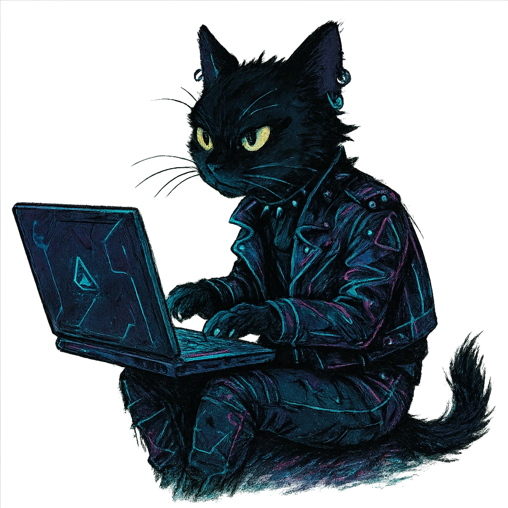  [[[it's a black cat typing at a laptop]]], , punk gothic style, futuristic cyberwave cyberpunk, sitting position
 emoji