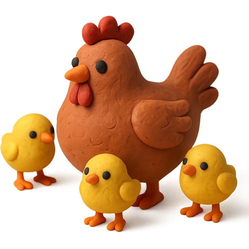 mother hen surrounded by three yellow chicks, playful and cute, matte finish emoji
