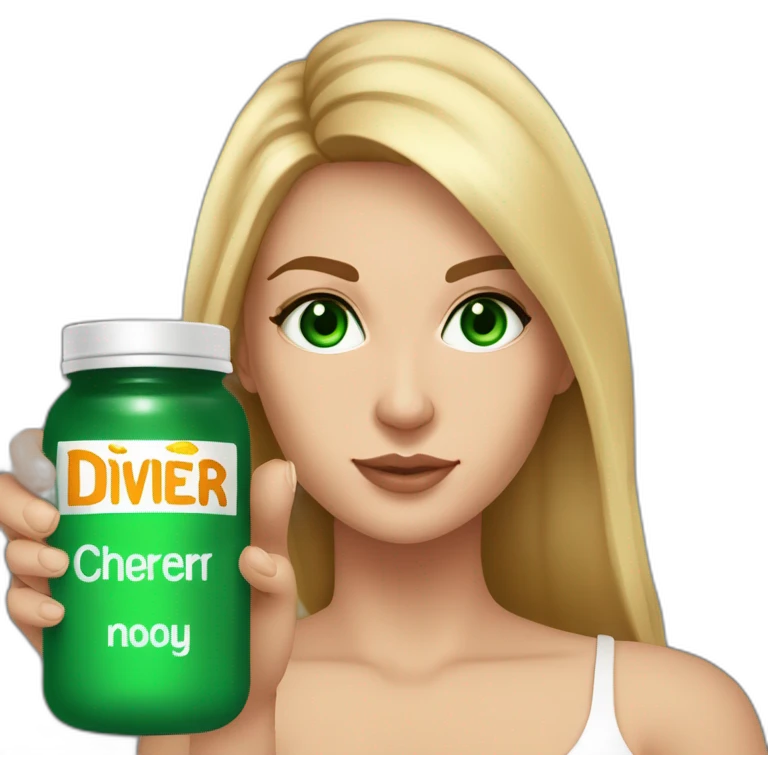 white woman, emerald green eyes, dark-rooted blonde hair, defined thin light brown eyebrows, large breasts, holding in her hand a jar that has a label that says DIVIHER in orange letters emoji