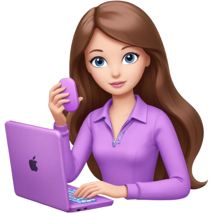 beautiful barbie girl with long brown hair, blue eyes and wearing light purple clothes playing computer games emoji