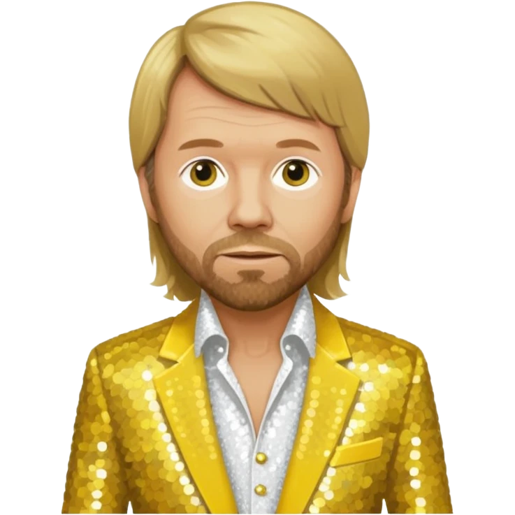 Björn Ulvaeus from ABBA with long dark blonde hair, yellow sequin shirt, white sequin suit jacket emoji