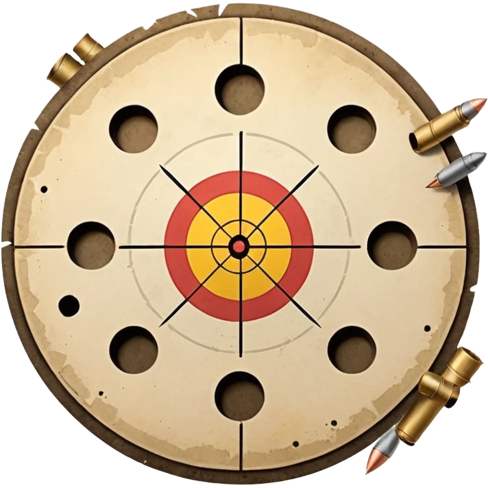 Paper target with bullet holes clustered in the center and spent shell casings below emoji