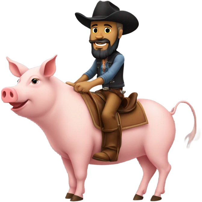 Man with tattoos and a beard with a cowboy hat and he’s riding a pig emoji
