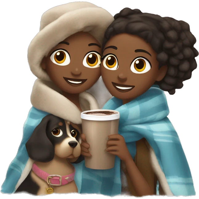 Two Black girls with blankets and hot chocolate with Ugg shoes on and a dog emoji