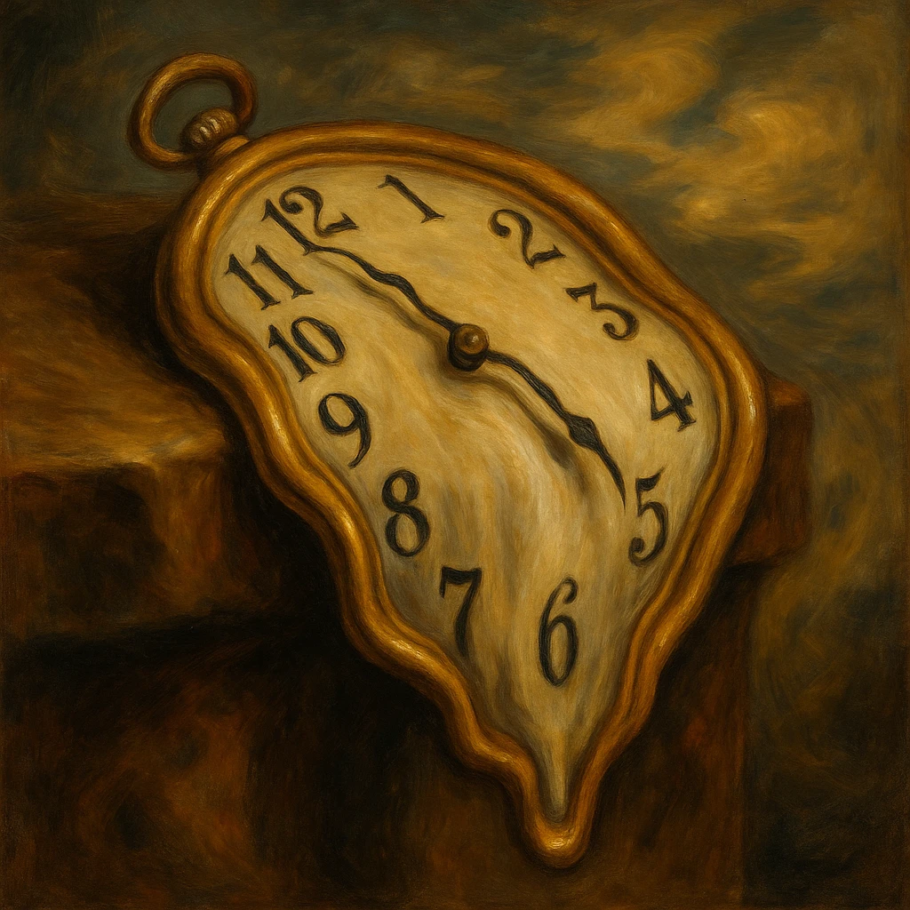 a melting clock inspired by Salvador Dalí, surreal, warped, dreamlike, in the style of Dalí emoji