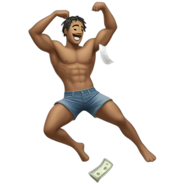 Shirtless guy dancing under raining money  emoji