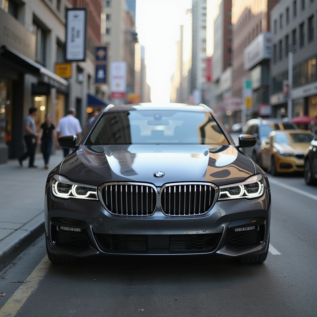 BMW Series 7 2022 in a bustling urban environment, realistic details, photorealistic style emoji