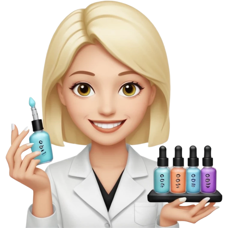 A smiling beautician with cold fake smile, calculating eyes, pointing at your cheek while holding 5 expensive serum bottle. predatory vibe.A face with a fake sweet smile, but the face is slowly consumed by shadows creeping from below. calculating eyes are visible in the dark emoji