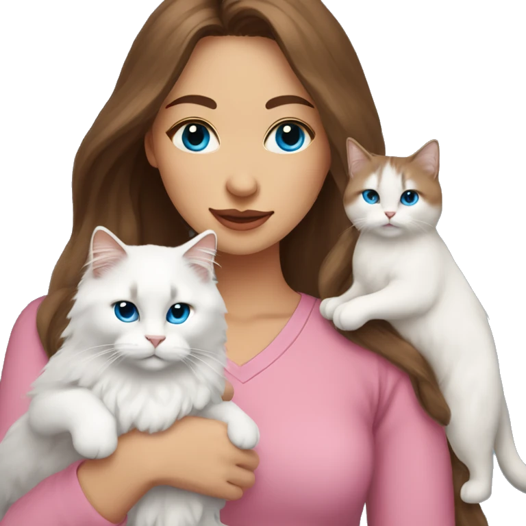 woman with long brown hair and pink shirt and holding a all white Siberian cat with blue eyes emoji