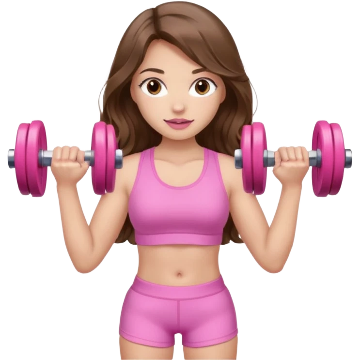 girl with wavy long brown hair, brown eyes, light to medium complexion, long lashes, light pink lipstick, wearing light pink shirt, lifting a pink dumbbells in a shorts top emoji