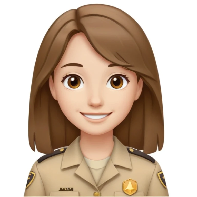 chica con pelo marron liso medio ondulado con uniforme color beige y sonriendo emoji
