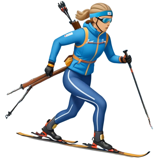 An icon featuring a biathlete in motion, holding a rifle and skiing across a snowy course. The backdrop includes snow-covered trees, distant mountains, and a clear blue sky. Transparent background highlights the precision, endurance, and excitement of biathlon. emoji