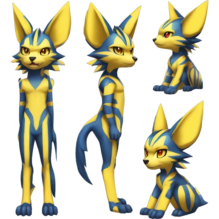 Yellow Anthro Edgy Cool Sonic-Zeraora-Anubis-Jolteon-Pokémon-Fakémon with shiny blue stripes Full Body Detailed High Quality  emoji