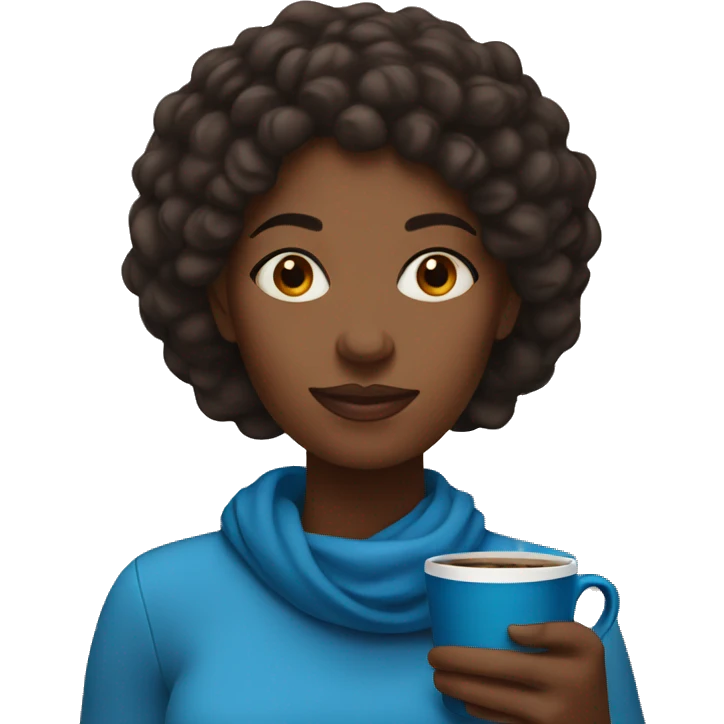 black woman holding a blue mug of coffee with a cozy expression emoji