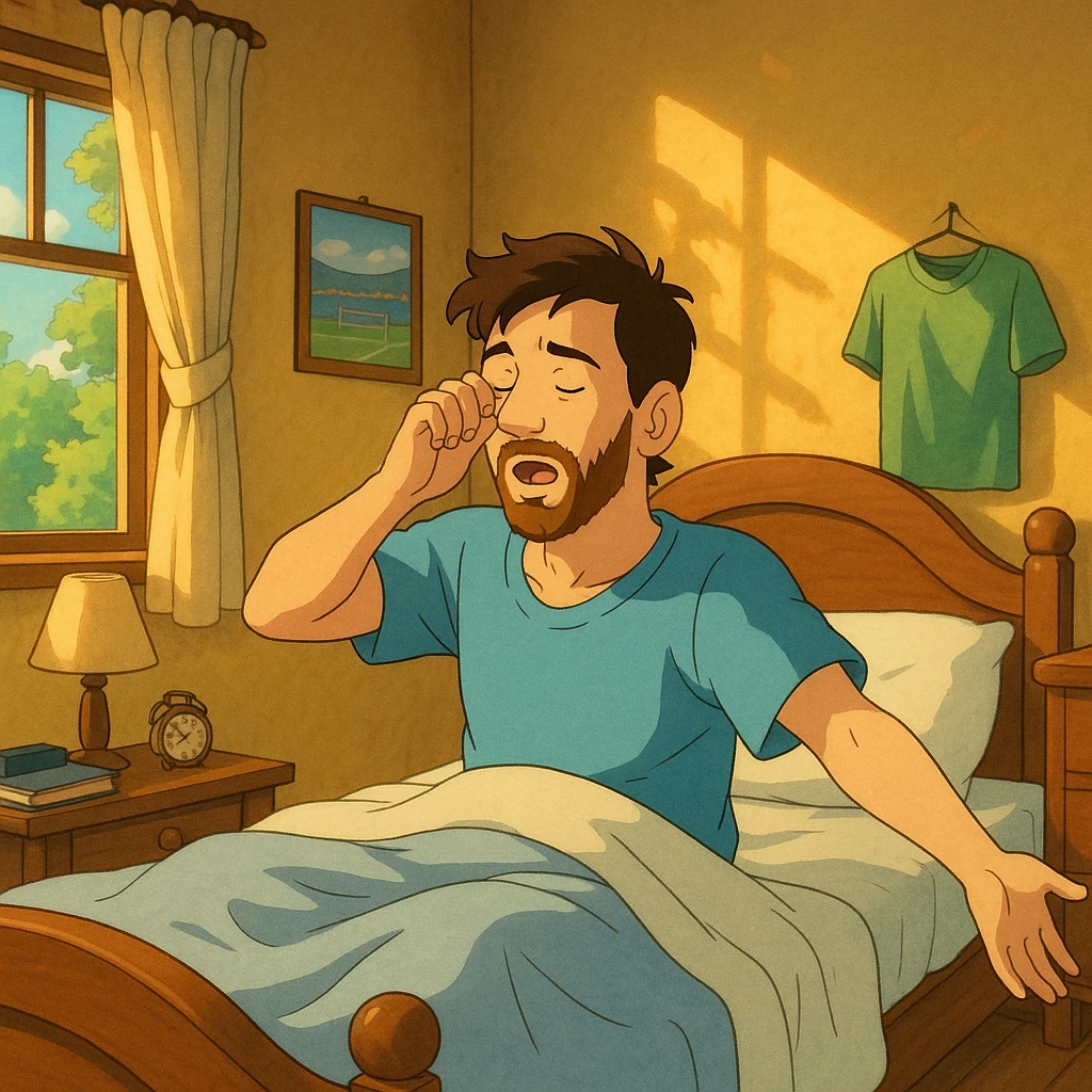 ghibli style Lionel Messi waking up in a sunlit bedroom emoji