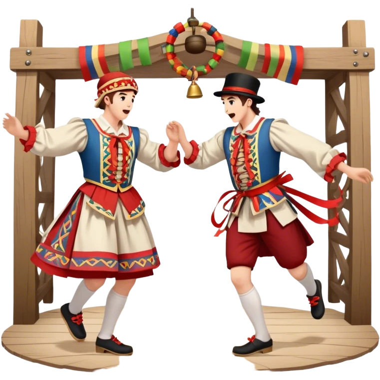 Cinematic Realistic scene of two performers executing a Morris Dance in full traditional costume—with bells, ribbons, and clogs—captured in dynamic motion against a rustic English backdrop and warm, golden lighting emoji