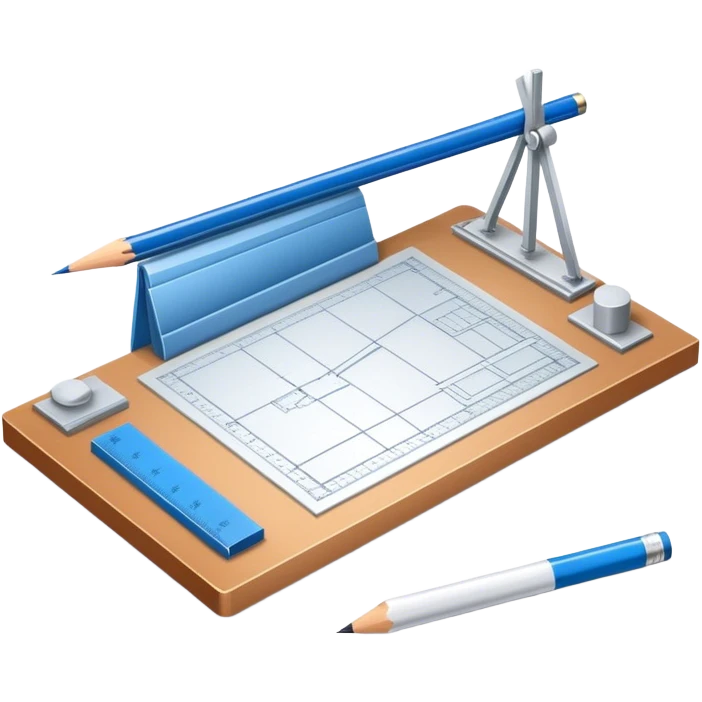 Sleek icon for Architecture: engineer's drawing board with blueprints 3D model of building,  pencil, architect's rulers and protractor. Transparent background. emoji