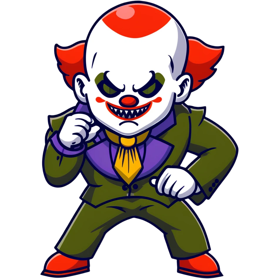evil clown warrior, bald, small black horns on forehead, fangs, pointed ears, eye patch over one eye, long coat over black and military green leisure suit with bellbottom pants, tail, realistically proportioned, less bulky, full body visible, battle-ready fighting posture emoji