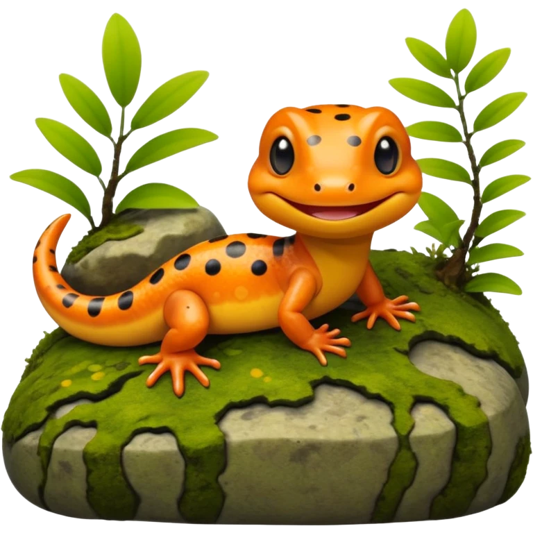 A 3D cartoon salamander on a mossy rock, orange and black spots, smooth shiny skin, small smiling face, soft realistic lighting, Memoji-style look. emoji