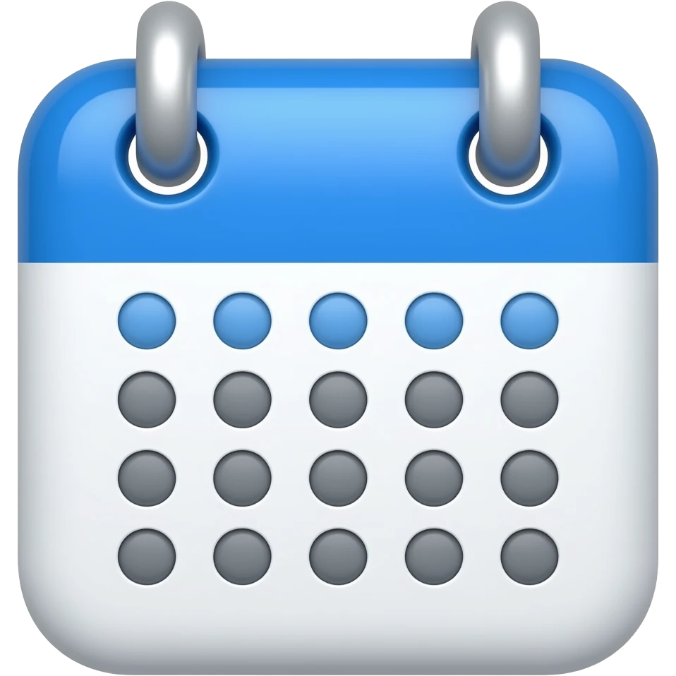 Create a 3D emoji icon of a calendar with no numbers, text, or dates — use dots square shape instead. Color palette: Deep blue (#00008B), Sky blue (#87CEEB), Sky white (#F5F5F5), Coastal grey (#808080). Add subtle shadows for a realistic 3D effect and keep a clean, modern look. emoji