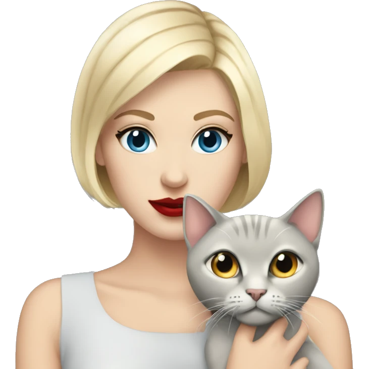 blonde girl with short hair blue eyes long eylashes and red lipstick holding a grey cat emoji